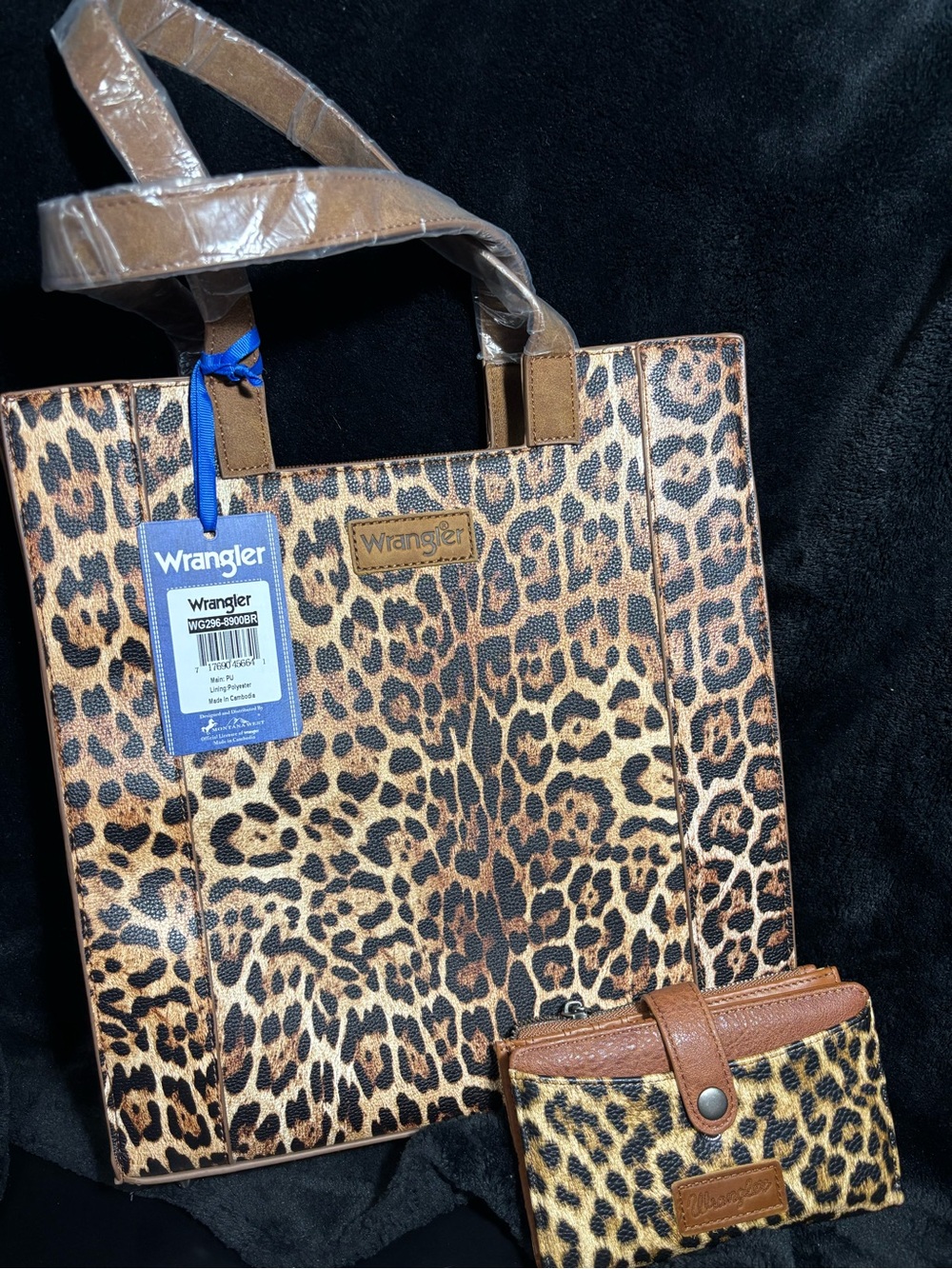 Wrangler Leopard-Pattern Tote in Brown and Black with matching wallet set